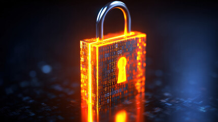 Glowing digital lock symbolizing AI copyright protection with binary code, representing cybersecurity, data privacy, and intellectual property concepts in modern technology.