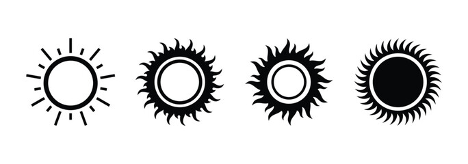 Sun vector icon set in black color isolated set. Set of suns icon collection in black color. Solar summer icon isolated on white background. Flat design. Vector illustration. EPS 10