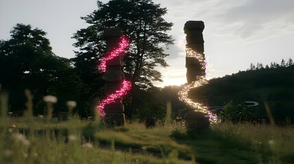 vines twisting around ancient stone pillars in a forest