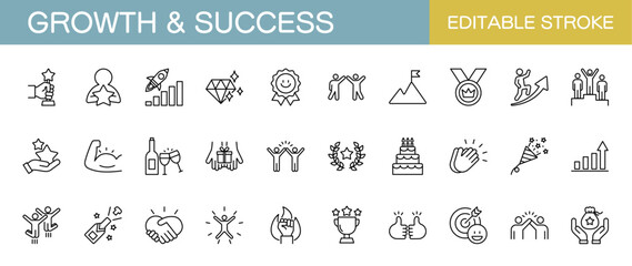 Growth and success line icons set. Business, management, innovation and teamwork. Editable stroke. Vector illustration