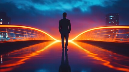 A business leader standing in front of a bridge made of light, guiding others 