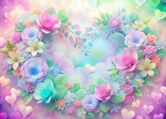 Fototapeta premium Pastel Hearts Floral Frame Background - Romantic Spring Aesthetic Photography