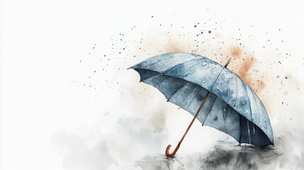 A watercolor painting of a blue umbrella with a wooden handle, resting on a wet surface with artistic splashes in the background.