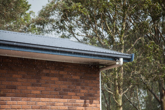Sunlight shining on rain falling on tin roof of house