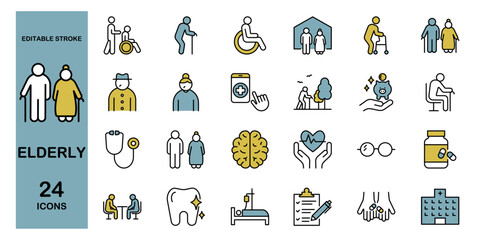 Elderly line icon set. Nursing home, hospital, medical, senior citizens. Editable stroke. Colored vector illustration