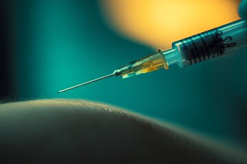 A close up shot of a needle about to pierce the skin of an arm