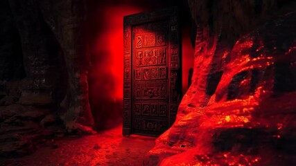 Ornate door in a dimly lit cave, bathed in red light.  Intricate carvings adorn the large, dark wooden door, set within a rocky cavern