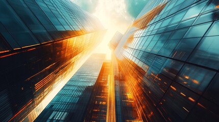 A glowing business hub with electric energy flowing between high-tech skyscrapers 