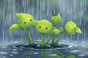 Three cute, smiling green plant sprouts with leaf hats enjoy raindrops in a puddle