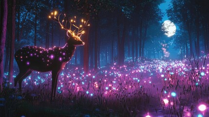 Illuminated deer in a mystical forest at night.