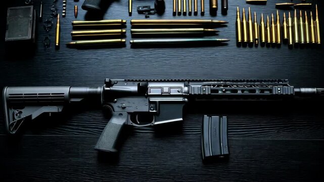 Assortment of rifle, magazine, bullets, and pistol components arranged on dark wooden surface for preparation, maintenance, or inspection in a detailed layout