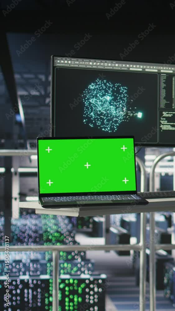 Poster vertical video mockup notebook in data center displaying neural network activity. automated infrastr