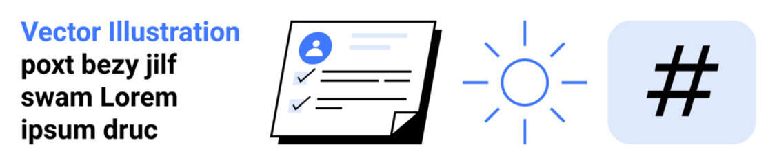 Obraz premium Paper with user profile and checklist, sun icon, and metadata tag symbol in minimalist style. Ideal for productivity, digital communication, task management, branding, energy, social media simple