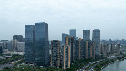 Fototapeta premium Aerial view of landscape at night in chengdu city,China