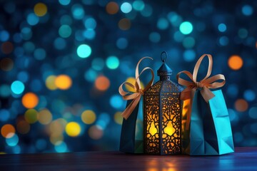 Illuminated lantern with gift bags and festive lights