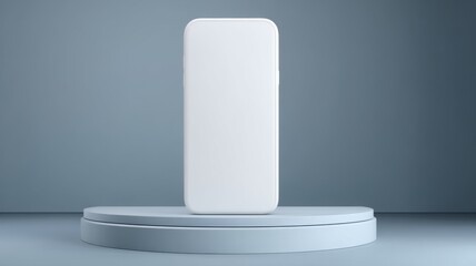 Minimalist smartphone mockup displayed on a round pedestal with a modern, blue-gray background.