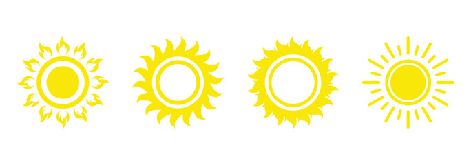 Sun icon vector set. Collection of bright yellow sun icons in flat design, perfect for weather apps, climate graphics, and summer themes.