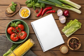 White magazine mockup with fresh vegetables on wooden table. Perfect for culinary templates, recipes, diet, and cooking themes.