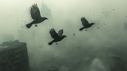 Birds struggling to fly through smog-filled skies, their wings covered in soot