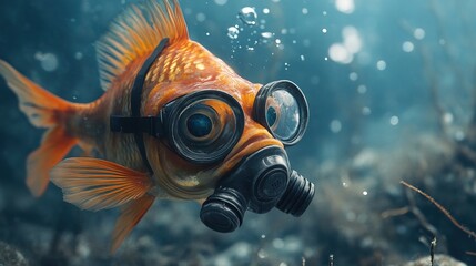 A surreal image of a fish wearing a gas mask, symbolizing water pollution