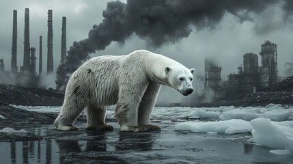 A polar bear standing on melting ice, surrounded by black clouds of industrial smoke 
