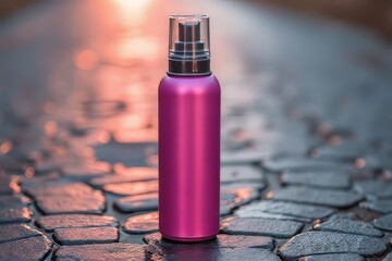 Pink Spray Bottle on Cobblestone Pathway at Sunset - Mockup for Beauty Products