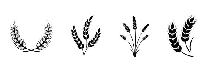 Farm wheat ears icon set. Durum wheat pasta label. Bakery logo. Organic wheat grain icon. Stylized black icons of wheat for print, product packaging, and agricultural business branding.