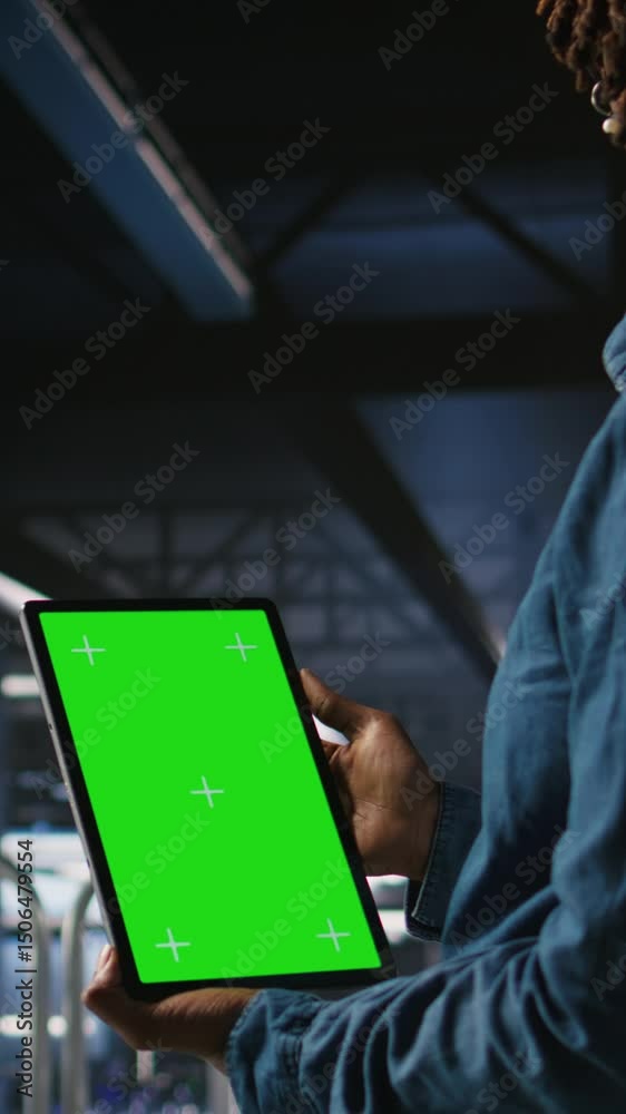 Poster vertical video data center engineers monitoring neural network llm visualization using green screen 