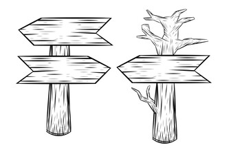 Set of Street Wooden Illustrations on White Background Hanging Wooden Board With Sketchy or Doodle Style