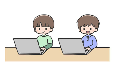 ノートパソコンを操作する男の子2人