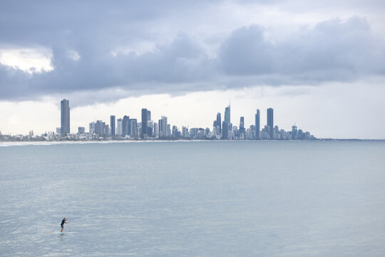 Stand up paddle boarding in front of Gold Coast skyline, queensland, australia - Powered by Adobe