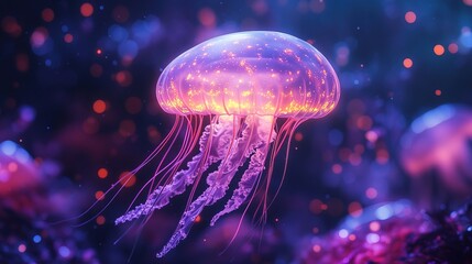 A glowing jellyfish floating in a neon-colored deep-sea world