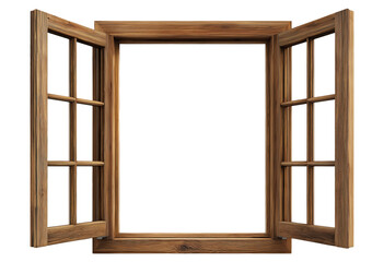 Traditional wooden window frame with multiple glass panes in open position, isolated on a transparent background