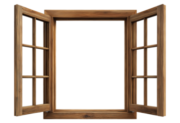 Traditional wooden window frame with multiple glass panes in open position, isolated on a transparent background