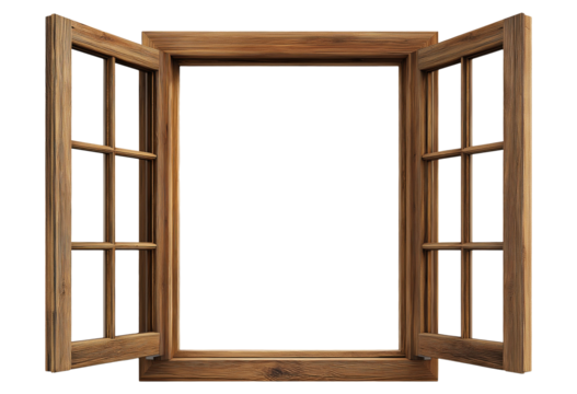 Traditional wooden window frame with multiple glass panes in open position, isolated on a transparent background