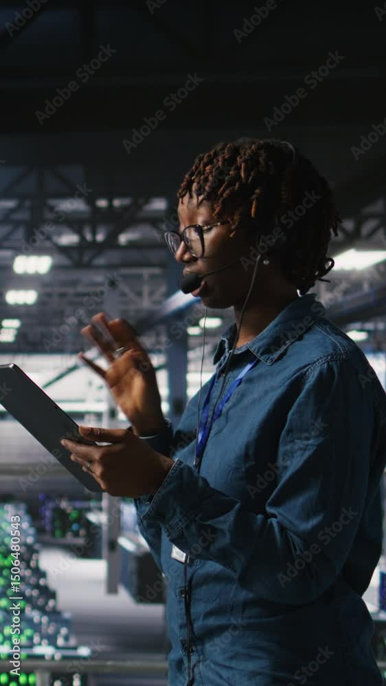 Poster vertical video server room admin using tablet and headset microphone to provide infrastructure tech 