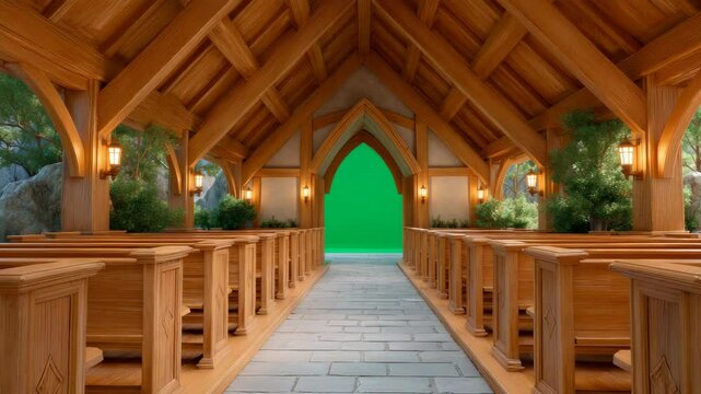 Stunning Interior of a Wooden Chapel with Rows of Pews and Green Screen Backdrop