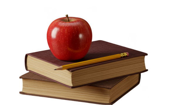 Isolated Photo Of Apple On Books With Pencil Illustration