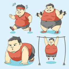 A Fat Man Exercising In Various Ways To Lose Weight, Flat Style Illustration Of Healthy Life Concept