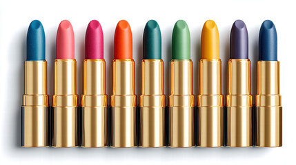 A row of colorful lipsticks are lined up on a white background