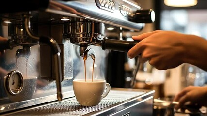 Steam rising from a professional espresso machine as it pours a fresh shot into a small cup, chrome reflections, barista hands out of frame - Powered by Adobe