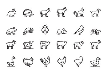 Twentyfour animal icons arranged in a rectangular grid pattern featuring various fauna in black outline