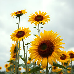 Obraz premium Tall sunflower stalks sway gently in cloudy breeze, tall sunflowers, petals