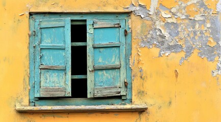 Weathered teal shutters ajar on a dilapidated, mustard-yellow wall; paint peels, revealing aged plaster