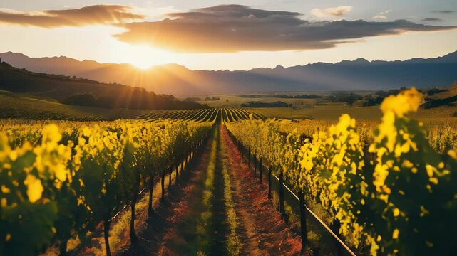 Vineyard at sunset with aligned rows of grapevines, golden light over lush green fields