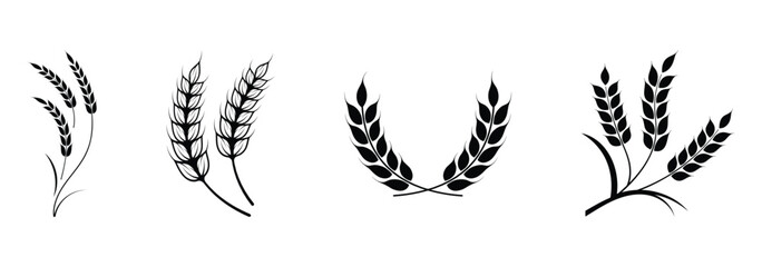 Wheat ear icons set vector silhouettes. Black wheat spikelet vector collection. Set of wheat stalk. Cereal plant silhouettes. Wheat silhouettes. Wheat vector icons. Design eps 10