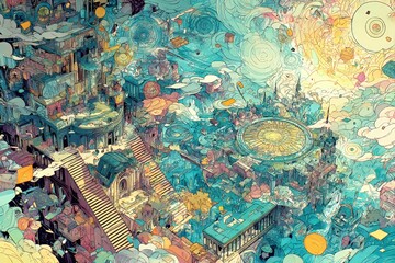 Fototapeta premium Whimsical Abstract Cityscape Art with Vibrant Colors Depicting a Surreal Fantasy World of Spiraling Architecture and Dreamlike Elements
