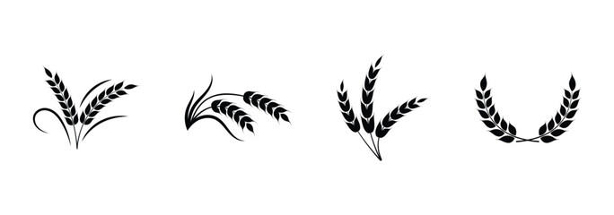 Wheat icon set. Collection of black wheat ear silhouettes, ideal for agriculture logos, organic product labels, and rural themed designs. Vector illustration. EPS 10