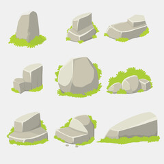 clipart of various shapes of stones with grass in flat style, illustration with nature concept