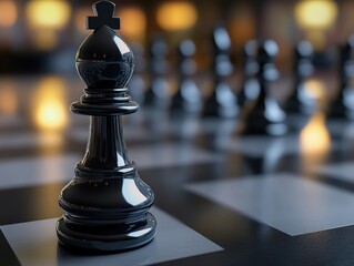 Black bishop chess piece on board